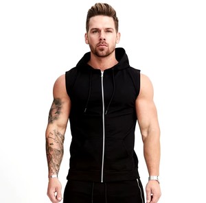 100% algodón orgánico sin mangas cremallera Sudadera con capucha chaqueta de gimnasio para hombres XS tamaño patrón sólido - Product Image 3