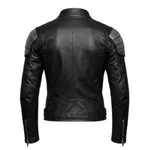 Chaqueta de moto de piel de oveja negra hecha a mano de motorista de rayas plateadas con protecciones blindadas interiores - Product Image 6