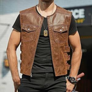 Vintage moto mode Style vestes en cuir hommes PU gilet manteaux poches plaquées bouton fermeture col rond fermeture éclair hiver - Product Image 3