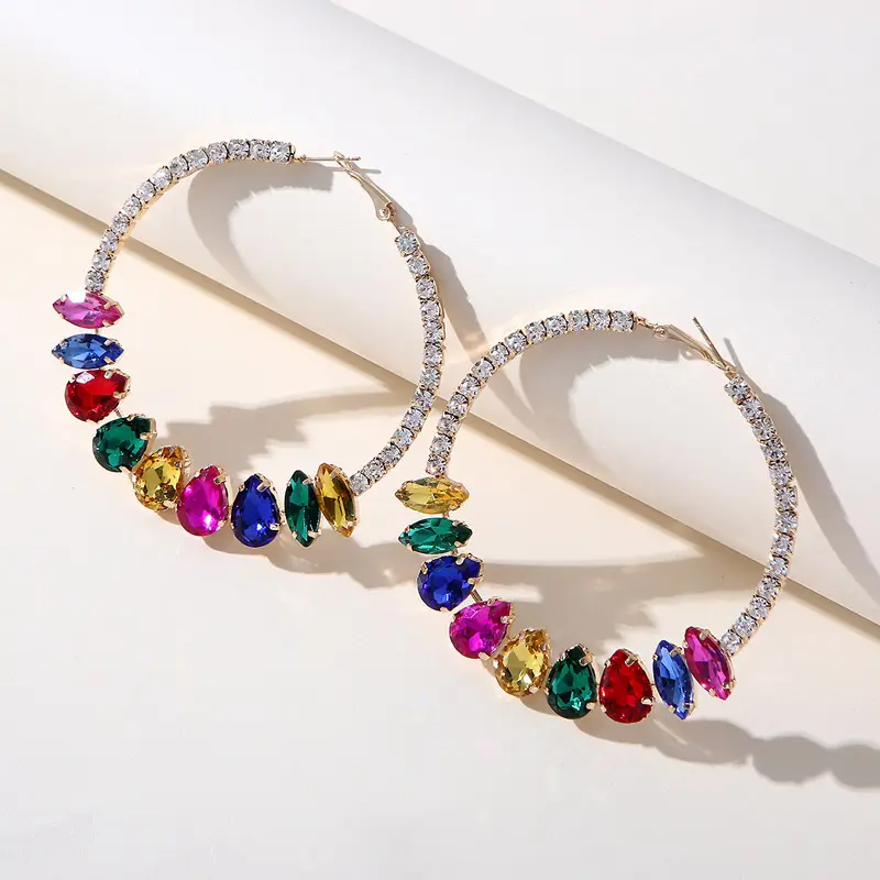 Wholesale alloy colorful gold multi color crystal glass hoop rhinestone dangle earrings