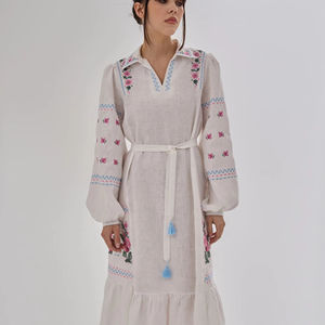 Robe longue brodée à manches courtes pour femmes 100% coton ivoire lin taille naturelle lavable décontracté - Product Image 1