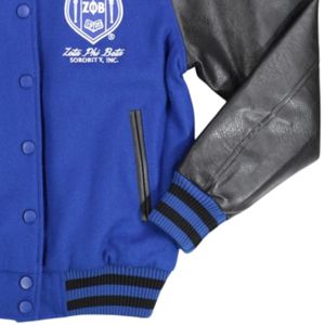 Zeta Phi Beta Sorority Wool Varsity <b>Jacket</b> <b>Royal</b> <b>Blue</b> Body Black Leather Sleeves Chenille Embroidery Greek Life Apparel - Product Image 3