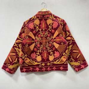 Women's Suzani Embroidery Bomber Jacket Casual Medium Floral Boho Style Street Fashion 100% Cotton Velvet - Product Image 6