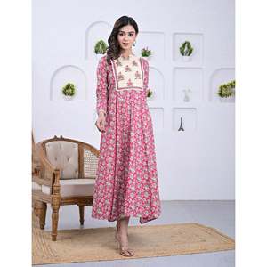 Pink Cotton <b>Block</b> <b>Printed</b> Anarkali Dress Georgette Material Pakistani-Indian Style Salwar Kameez Saree - Product Image 1