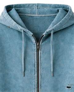 Sweat à capuche zippé bleu délavé avec broderie de poisson koi, streetwear délavé, vêtement personnalisé OEM, veste en coton teint en pièce - Product Image 4