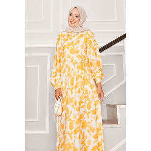 Robe moutarde à motif floral avec col chemise, liens latéraux, taille élastique, décontractée, respirante, pour femme de bureau, XS, pour les fêtes de jour, OEM/ODM - Product Image 2