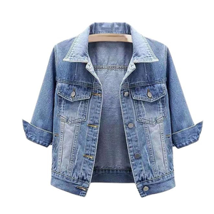 Chaqueta vaquera transpirable recortada de color de manga 3/4 para mujer, chaqueta vaquera corta lavada ligera, abrigo de camionero, chaqueta vaquera para niñas - Product Image 3