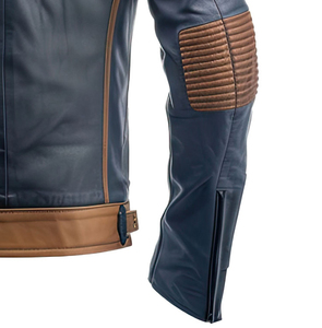 Blouson d'été matelassé léger et imperméable en peau de mouton véritable bleu marine et marron, style motard, col montant, multi-zippé, décontracté, avec doublure Sherpa - Product Image 6