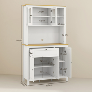 HOMCOM Garde-manger de cuisine avec tiroirs, étagères ouvertes et étagères en bois réglables, 100x40x180 cm, blanc - Product Image 3