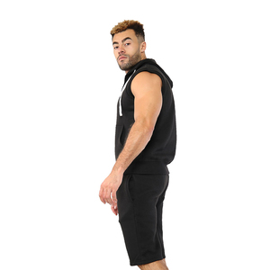 Ensemble sweats à capuche et short sans manches noirs pour hommes sur mesure Ensemble survêtement d'été en molleton de coton fermeture éclair complète tenue décontractée élégante - Product Image 4