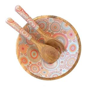 Bol de service en bois naturel écologique, forme ronde, avec un ensemble de serveurs à salade, bol en bois imprimé émaillé, meilleur prix abordable - Product Image 1