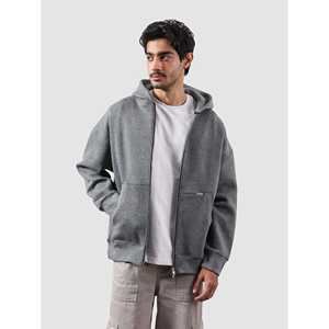 Sweat à capuche effet vieilli gris chiné foncé, avec fermeture éclair essentielle, en tissu French Terry, style streetwear, techniques de broderie 3D et appliqués - Product Image 3