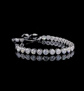 Conjunto de bisel de forma redonda de Plata de Ley 925, pulsera de Bolo de diamante cultivado en laboratorio, pulsera deslizante ajustable - Product Image 2
