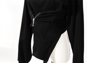 Top de Manga Larga de Lana Peinada, Cuello Alto con Cierre Inclinado, Dobladillo Irregular, Ajustado a la Cintura, Largo Regular, Informal para Otoño e Invierno, Gran Venta - Product Image 4