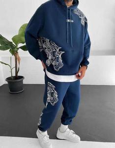 Pantalon de survêtement évasé d'été décontracté pour hommes, ensemble deux pièces brodé avec fermeture éclair imprimée et survêtement empilé à manches avec coutures latérales - Product Image 2