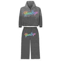 Ensemble de survêtement en velours respirant 100% coton tricoté pour homme avec logo personnalisé en strass, 2 pièces, sweat à capuche zippé et pantalon de jogging, streetwear