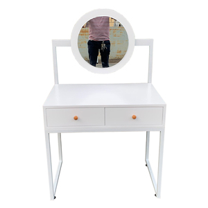 Modern White <b>Dressing</b> <b>Table</b> with LED Lighted Round <b>Mirror</b> and 2 Drawers Iron Legs BTD68019 Makeup <b>Vanity</b> for Hotels - Product Image 2
