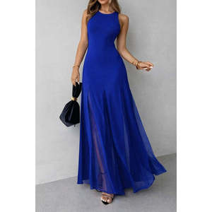 Women's Strappy Crew Neck Asymmetrical Flared Long Imported Crepe <b>Dress</b> with <b>Tulle</b> Hem Detail, 34799 - Saks <b>Blue</b> - Product Image 3