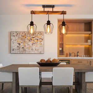 โคมไฟเพดานวินเทจ 3-E27 สีดำ โคมไฟไม้สำหรับห้องนั่งเล่น ปรับความสูงได้ แสงสีขาว 4000K รูปทรงยาว สีดำ โลหะและไม้ - Product Image 1