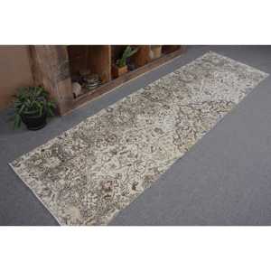 2.7x9.1 ft Rug, Vintage Turkish Rug, <b>Brown</b> Gray Polka dot <b>Wool</b> Rug - Product Image 5