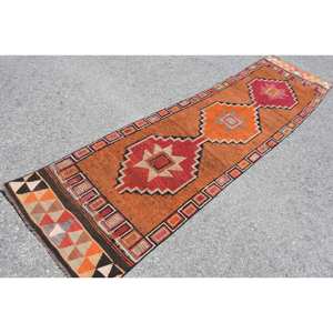 Tapis de zone écologique en laine turque Vintage Orange Red Patchwork Design traditionnel 27X10.3 ft Large Rectangle Medium Pile - Product Image 2