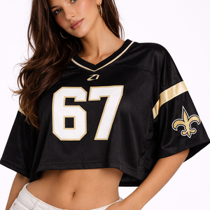 Maillot de football américain court noir pour femme, haut de sport en maille, t-shirt en maille côtelé ample en polyester, style Y2K, fournisseur de vêtements de sport - Product Image 1