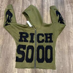 Sweat-shirts à capuche zippés pour hommes, 100 % coton, fabriqués sur mesure, avec logo brodé appliqué effet vieilli, coupe ample et ourlet brut - Product Image 6