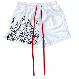 <b>Men</b> Knitted Mesh Sports <b>Shorts</b> Front Logo Mid <b>Elastic</b> <b>Waist</b> Flame Print Drawstring Quick Dry Casual Training 220g Made Pakistan - Product Image 2