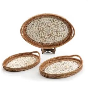 Vente chaude Antique MOP & Jute Plateaux De Service Moderne De Luxe Rond Ovale Design avec Poignées Premium Décor De Noël Plateaux À Faible Taux - Product Image 4