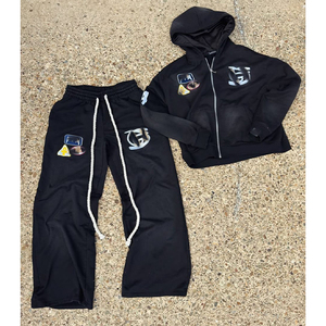 Streetwear Acid Washed Sweat Suits Zipper Cropped Hoodies <b>Tracksuit</b> Set Vintage Sweatpants and Hoodie Set for Men - Product Image 4