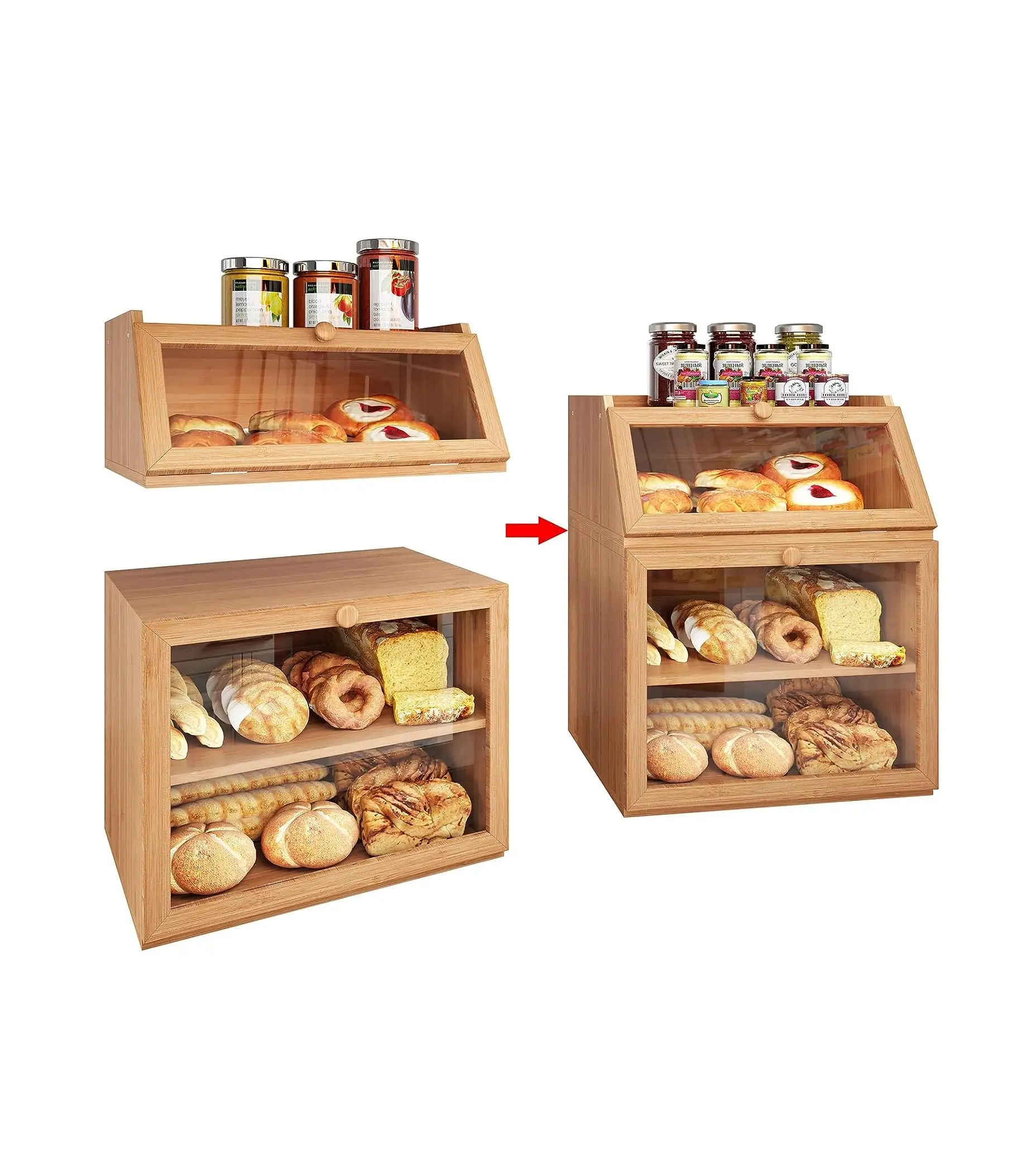 रसोई काउंटरटॉप प्राकृतिक के साथ बड़े डबल विभाजक बांस ब्रेड बॉक्स भंडारण और रसोई काउंटरटॉप प्राकृतिक के लिए समायोज्य डिब्बे