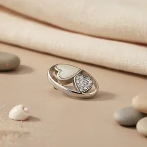 Trendy Women's Silver Heart <b>Ring</b> with <b>Crystal</b> Inlay Fashion Jewelry Featuring Geometric Alloy and Copper for Children - Product Image 1