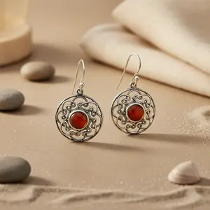 Boucles d'oreilles pendantes et créoles en argent 925 avec nœud celtique pour femmes, ornées de cornaline et de diamants, disponibles en or 14K, or 18K et or rose 14K (pierre principale) - Product Image 1