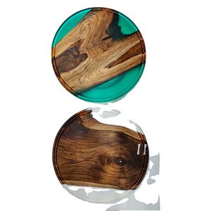 Plateau plat en bois et résine, rond, vente en gros, plateau de service en bois d'acacia fait à la main avec poignée en métal - Product Image 1