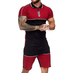 <b>Men's</b> <b>Red</b> Black Color Blocking Polo <b>Shirt</b> Set Casual Knitted Breathable Summer Wear - Product Image 4