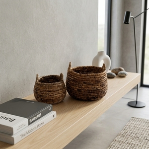 Ensemble de paniers de rangement modernes écologiques en écorce de bananier naturelle, avec pot de fleurs tressé épais en forme de ventre et poignée en arche, pour la décoration intérieure - Product Image 5