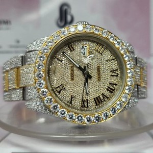 Reloj de Lujo con Diamantes Moissanite Completamente Engastados, Dos Tonos de Oro, Acero Inoxidable, Esfera Romana, Fecha, Reloj de Cuarzo, Venta al por Mayor - Product Image 1