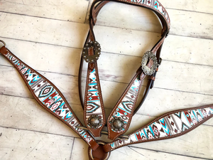 EquiElite Exports - Juego de arreos western de cuero con patrón de diamantes navajo multicolor, cabezada, pechera y brida para caballo, personalizado - Product Image 2