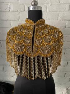 Élégant Burlesque Cape Perlé Brins Paillettes Belle Festival Outfit Perles Broderie Droite Silhouette Attache Naturel - Product Image 2