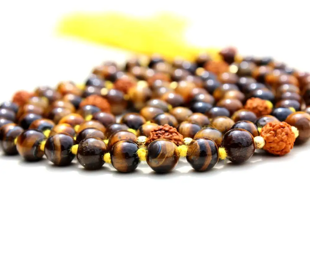 Acheter des bijoux de Yoga Rudraksha oeil de tigre perles Mala nouées à la main colliers de perles d'artiste indien