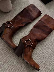 Botas vaqueras de media pantorrilla occidentales para mujer, estilo de montar clásico de cuero genuino, diseño de puntada Vintage, Calzado cómodo duradero - Product Image 2