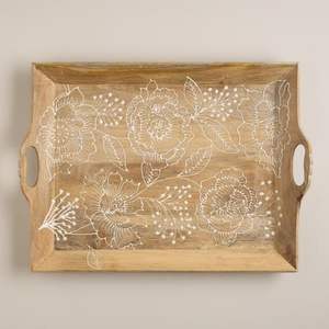 Round wooden bobbin <b>edge</b> serving tray decorative beaded rim platter rustic farmhouse style coffee table ottoman wood - Product Image 3