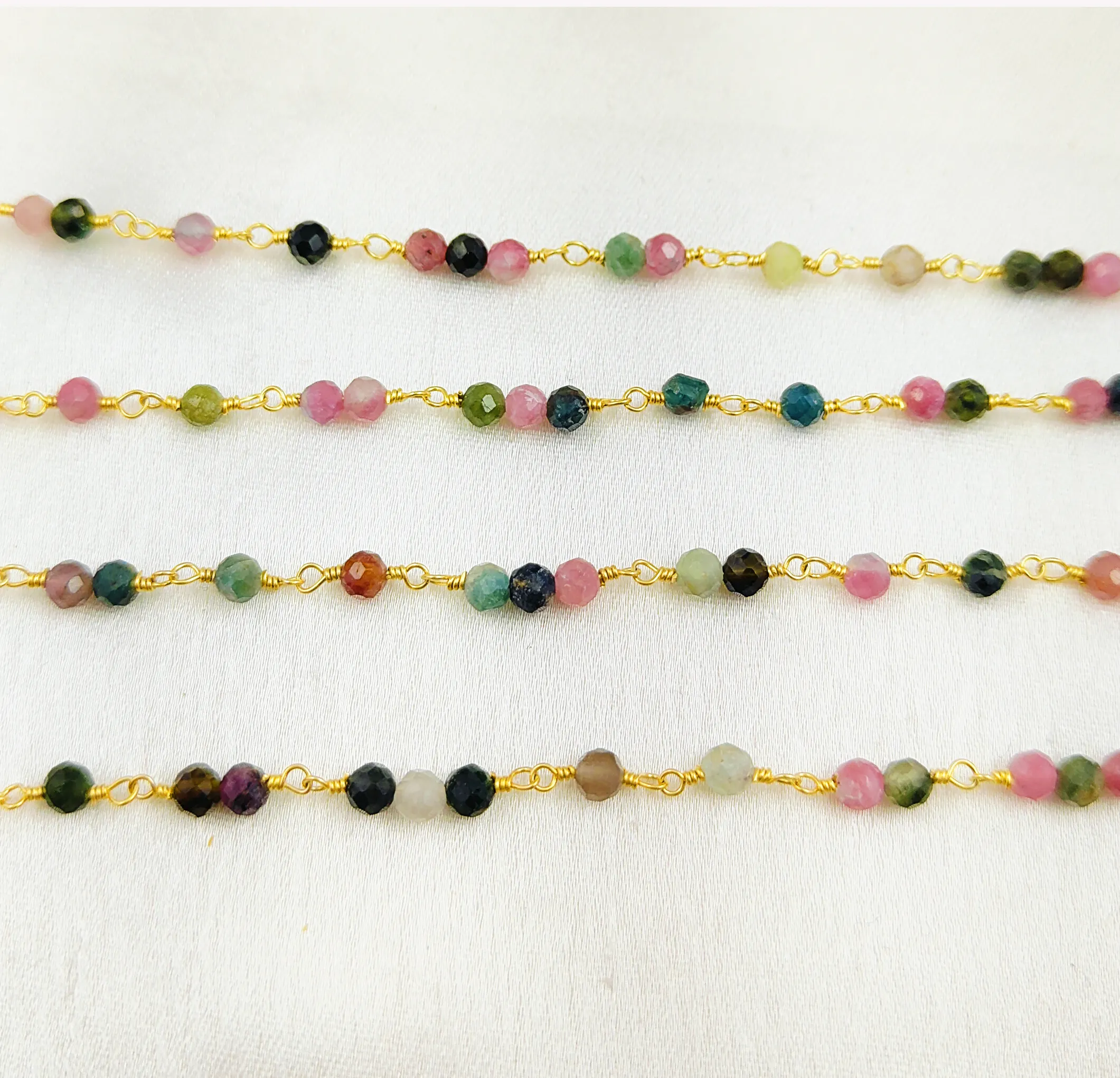 Multi Tourmaline Gemstone Rondelle Beads Chain Faceted Stone Rosary Beaded Chain Gold Plated Wire Wrapped Birthstone Chains