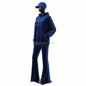 Women <b>Tracksuit</b> Premium Polyester <b>Velour</b> 280 GSM Navy Blue Panel Design Heat Press Rhinestone Custom Logo <b>Tracksuits</b> <b>Plus</b> <b>size</b> - Product Image 4