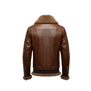 Men's B3 Brown <b>Sheepskin</b> Leather Bomber <b>Jacket</b> Windproof OEM Winter Biker Zippered Closure XS XL Available - Product Image 3
