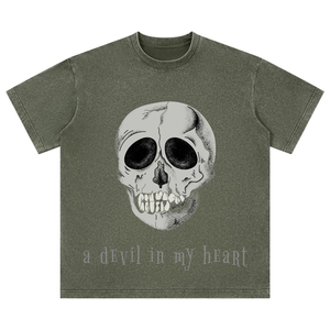 Ropa de calle para hombre personalizada un diablo en mi corazón "estampado gótico calavera gráfico de gran tamaño lavado ácido camisetas para hombres - Product Image 6