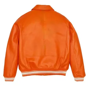 Men's Orange Varsity Jacket Solid <b>Colour</b> Button Front Turn Down Collar Regular Fit Casual Preppy Style Autumn Wear - Product Image 2