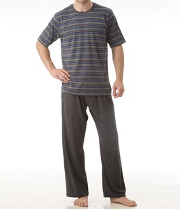 Ensemble de pyjama long en tissu tricoté en jersey teint en fil de coton 100% pour homme-Vêtements de nuit confortables - Product Image 1