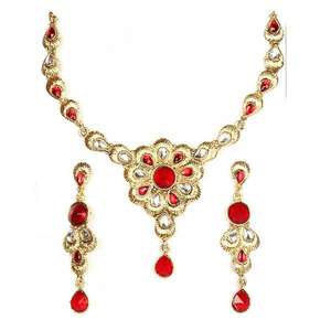 Kriaa 1100507 <b>Red</b> Kundan Stone Floral Design Necklace Set Gold Plated Vintage Bridal Fine Jewelry - Product Image 1