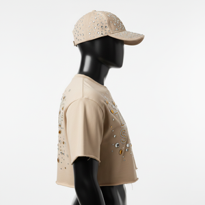 T-shirt court en jersey de coton de haute qualité pour femmes, 200 GSM, beige nude, logo en strass de luxe, chemise pour femmes - Product Image 3